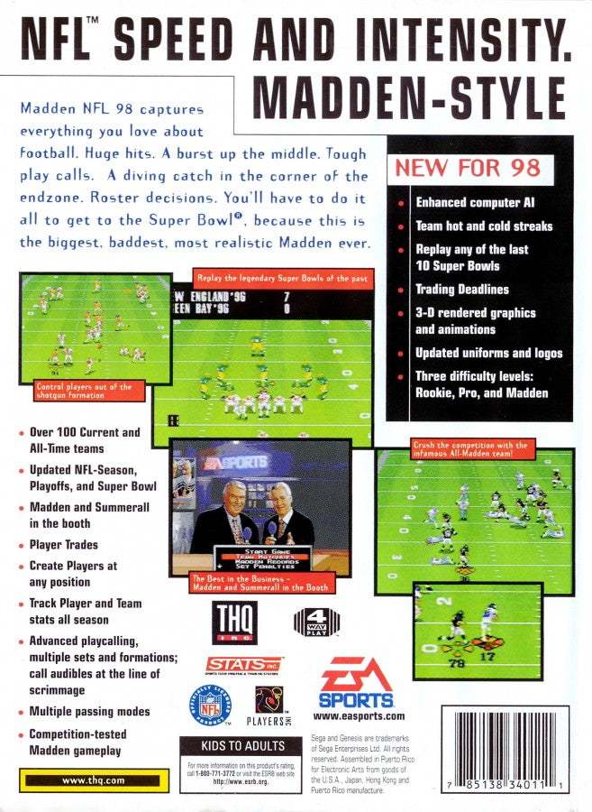 Madden NFL 98 Sega Genesis for retro video game enthusiasts featuring football simulation gameplay authentic NFL action strategic play calling team management mechanics competitive multiplayer sports challenges classic gridiron gameplay and collectible gaming appeal back art 