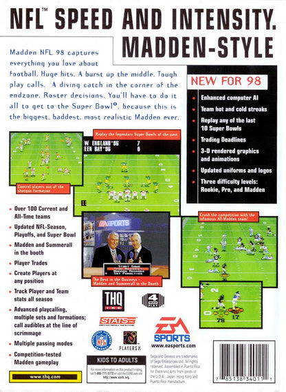 Madden NFL 98 Sega Genesis for retro video game enthusiasts featuring football simulation gameplay authentic NFL action strategic play calling team management mechanics competitive multiplayer sports challenges classic gridiron gameplay and collectible gaming appeal back art 