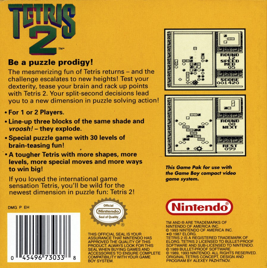 Tetris 2 for Game Boy, back of case for a puzzle video game with block-matching gameplay, strategic challenges, level progression, and classic handheld action