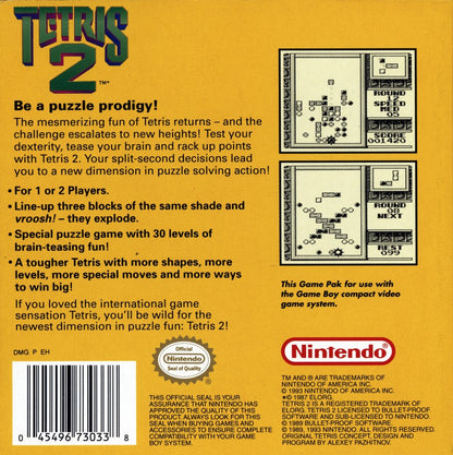 Tetris 2 for Game Boy, back of case for a puzzle video game with block-matching gameplay, strategic challenges, level progression, and classic handheld action
