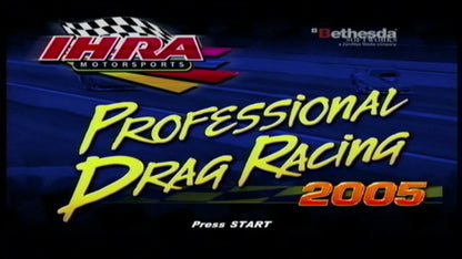 IHRA Professional Drag Racing 2005 title screen for Playstation 2 (PS2) video game