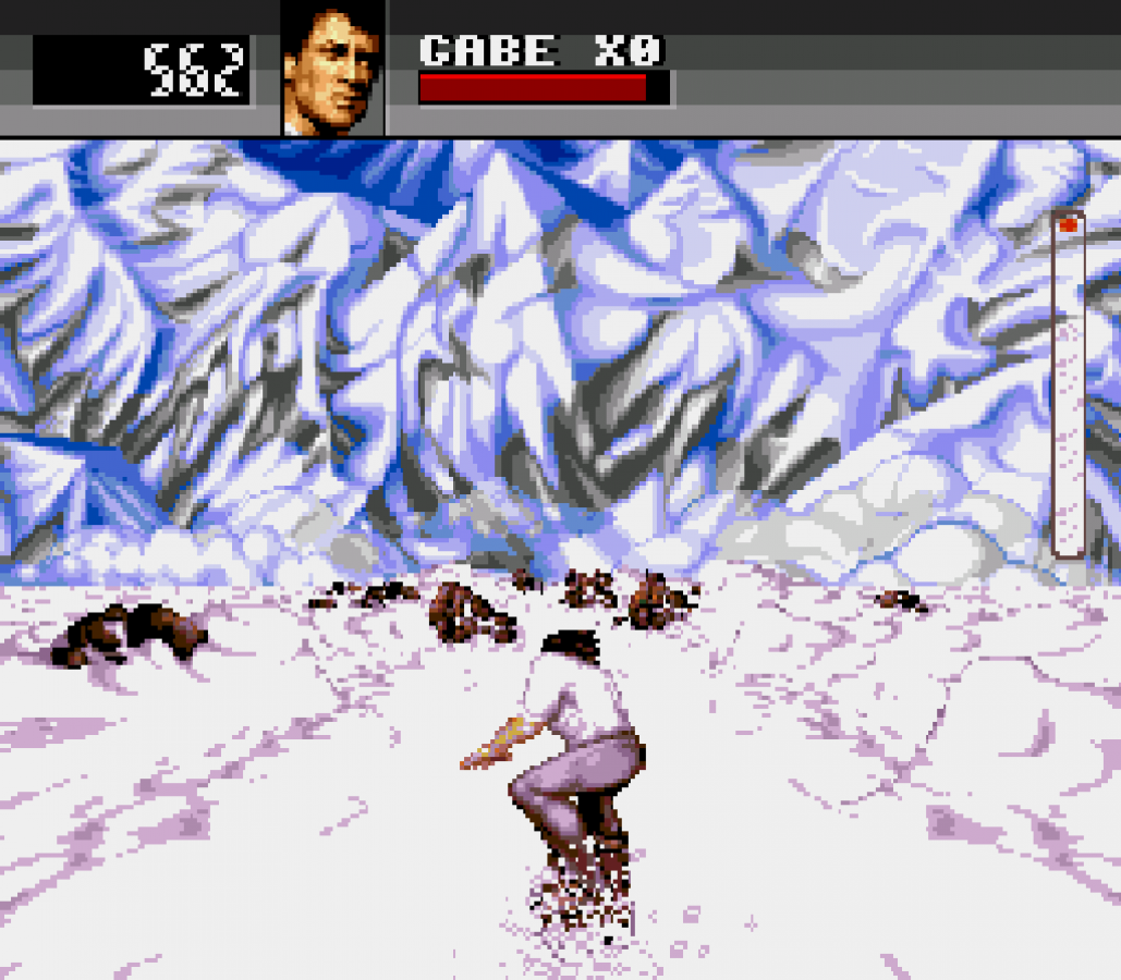 Cliffhanger Sega CD action platformer movie tie in based on Sylvester Stallone film mountain climbing combat survival missions side scrolling gameplay rock climbing hazards fighting enemies cinematic presentation retro gaming Sega CD software video game title gameplay