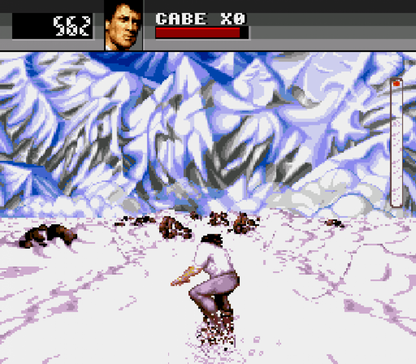 Cliffhanger Sega CD action platformer movie tie in based on Sylvester Stallone film mountain climbing combat survival missions side scrolling gameplay rock climbing hazards fighting enemies cinematic presentation retro gaming Sega CD software video game title gameplay
