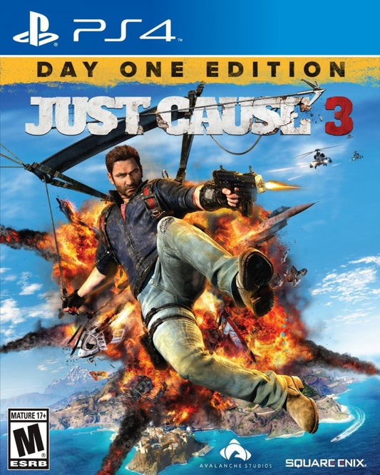 Just Cause 3 Day One Edition PlayStation 4 PS4 for open world action adventure video game fans featuring Rico Rodriguez explosive combat massive Mediterranean island exploration grappling hook wingsuit parachute vehicle hijacking destructible environments stunts and chaotic missions Day One Edition content collectible gaming appeal front cover art
