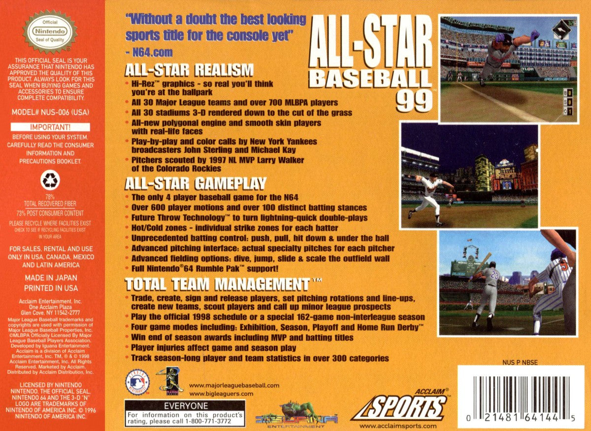 All-Star Baseball 99 game for the Nintendo 64 featuring baseball simulation gameplay with realistic MLB teams season modes batting and pitching mechanics and fielding controls in a complete in box retail release format back cover