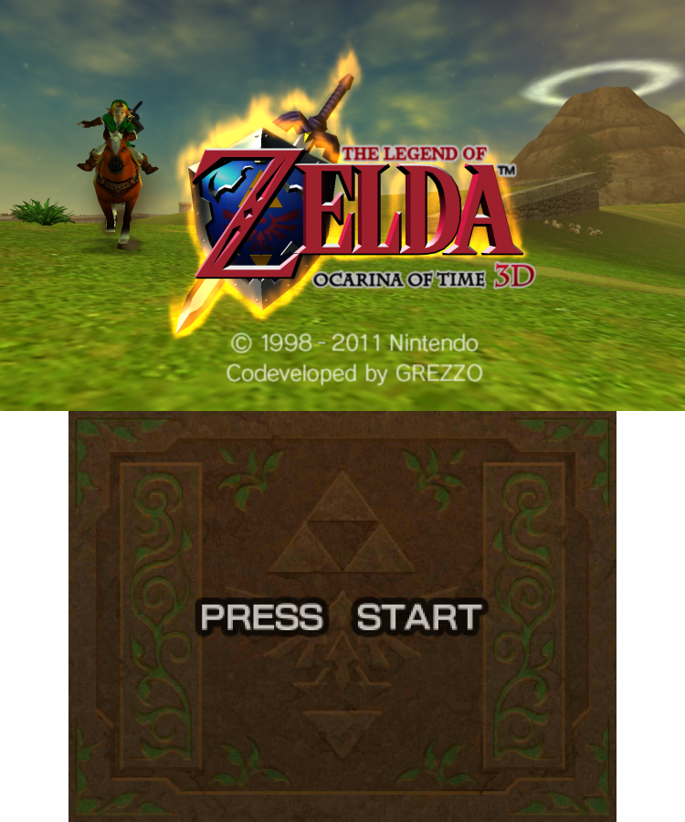 The Legend of Zelda Ocarina of Time 3D title screen for Nintendo 3DS video game