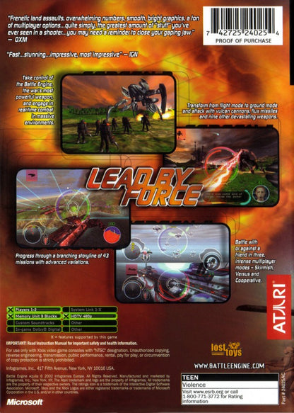 Battle Engine Aquila Xbox XBOX for first person shooter video game fans featuring futuristic mech combat transforming battle vehicle intense aerial and ground warfare sci fi military missions large scale battles strategic action immersive campaign collectible gaming appeal back cover art