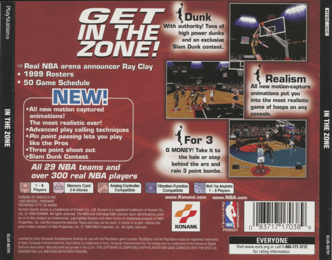 NBA In the Zone 99 back cover art for PlayStation 1 (PS1) video game, basketball sports action, classic arcade-style gameplay, retro Sony console title