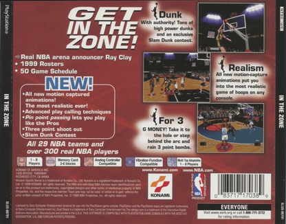 NBA In the Zone 99 back cover art for PlayStation 1 (PS1) video game, basketball sports action, classic arcade-style gameplay, retro Sony console title