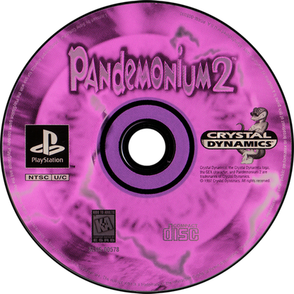 Pandemonium 2 PlayStation PS1 for action platforming video game fans featuring colorful 3D platforming gameplay whimsical fantasy worlds acrobatic movement unique character abilities challenging levels enemy battles collectible items imaginative environments and classic PlayStation adventure collectible gaming appeal disc