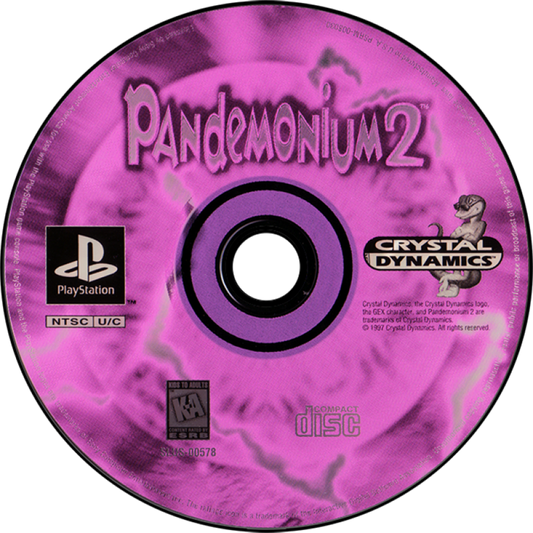 Pandemonium 2 PlayStation PS1 for action platforming video game fans featuring colorful 3D platforming gameplay whimsical fantasy worlds acrobatic movement unique character abilities challenging levels enemy battles collectible items imaginative environments and classic PlayStation adventure collectible gaming appeal disc