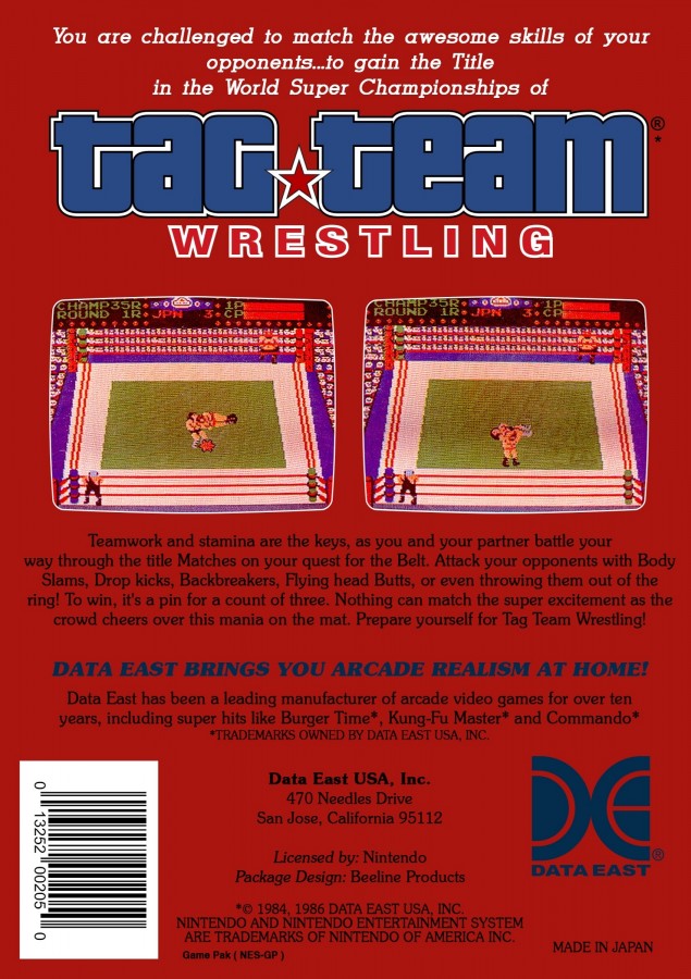 Tag Team Wrestling Nintendo Entertainment System NES for sports wrestling video game fans featuring classic tag team matches multiple wrestler teams arcade style grappling fast paced ring action competitive gameplay retro Nintendo entertainment collectible gaming appeal back cover art