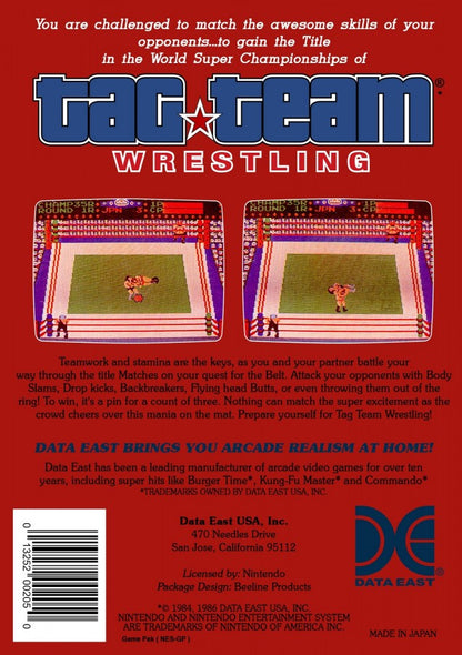 Tag Team Wrestling Nintendo Entertainment System NES for sports wrestling video game fans featuring classic tag team matches multiple wrestler teams arcade style grappling fast paced ring action competitive gameplay retro Nintendo entertainment collectible gaming appeal back cover art
