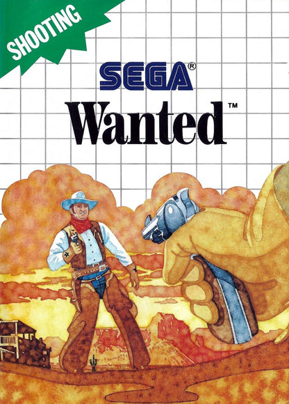 Wanted Sega Master System SMS for arcade action shooting video game fans featuring western themed gunfights side scrolling gameplay enemy outlaws challenging stages weapon upgrades fast paced combat and classic Sega Master System gameplay collectible retro gaming appeal front cover art
