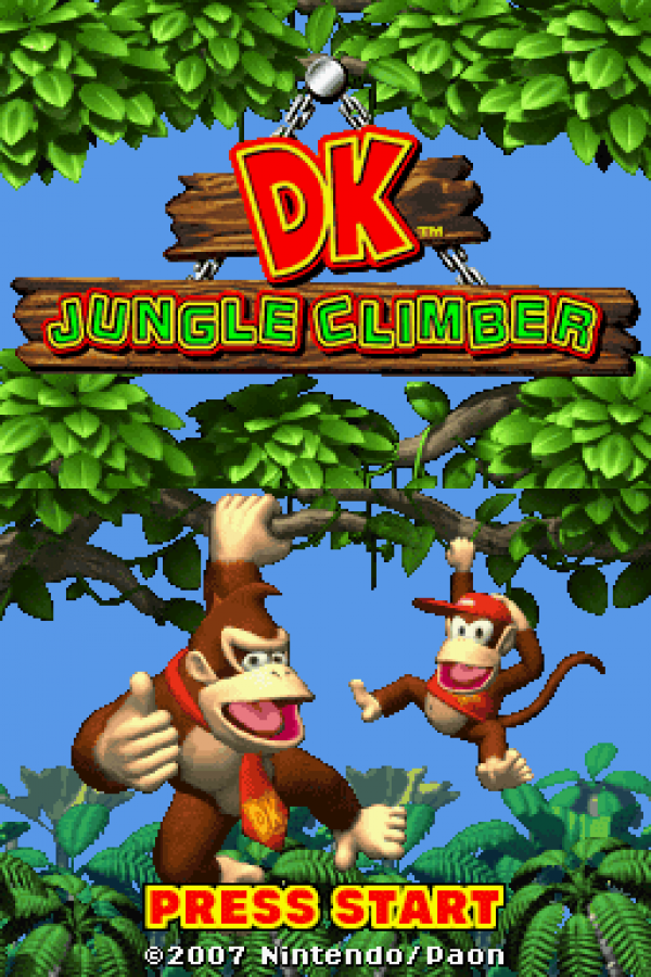 DK Jungle Climber start screen for Nintendo DS (DS) platforming adventure video game
