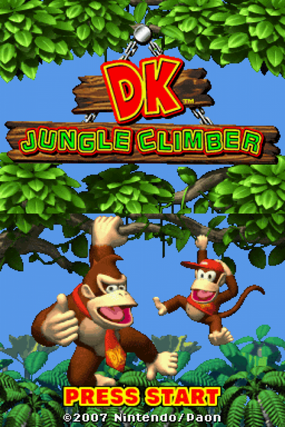 DK Jungle Climber start screen for Nintendo DS (DS) platforming adventure video game