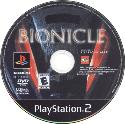 Bionicle PlayStation 2 PS2 video game featuring action adventure gameplay based on LEGO Bionicle robotic characters elemental powers exploration combat challenges puzzle solving and fantasy world adventure PlayStation 2 retro video game collection collectible gaming appeal game disc