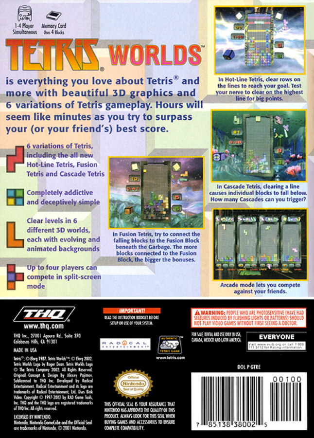Tetris Worlds back of case for Nintendo GameCube (GC) puzzle video game