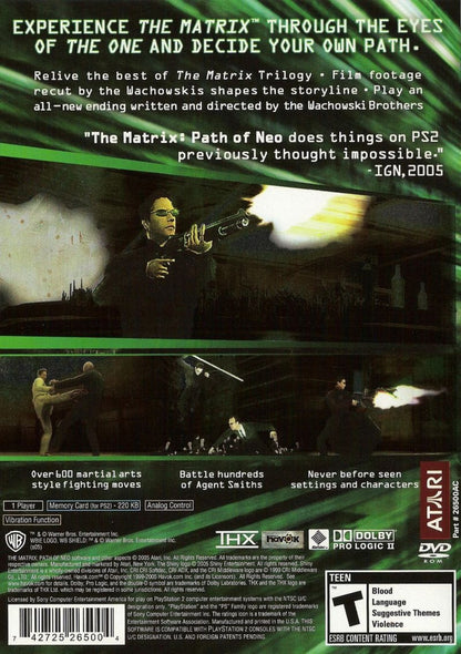 The Matrix Path of Neo PlayStation 2 PS2 for retro video game enthusiasts featuring action adventure gameplay martial arts combat bullet time mechanics cinematic movie inspired missions third person action sci fi storytelling and collectible gaming appeal back cover art