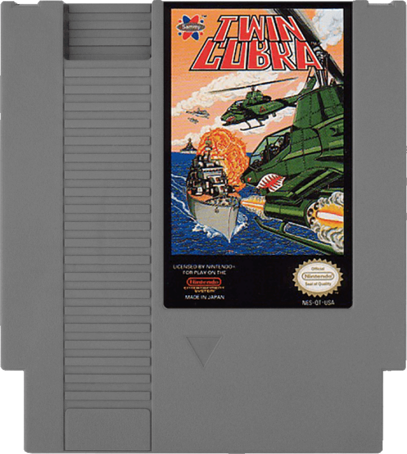 Twin Cobra cartridge for the Nintendo Entertainment System featuring 8 bit vertical scrolling shooter action with military helicopter combat intense enemy waves and arcade style gameplay cartridge