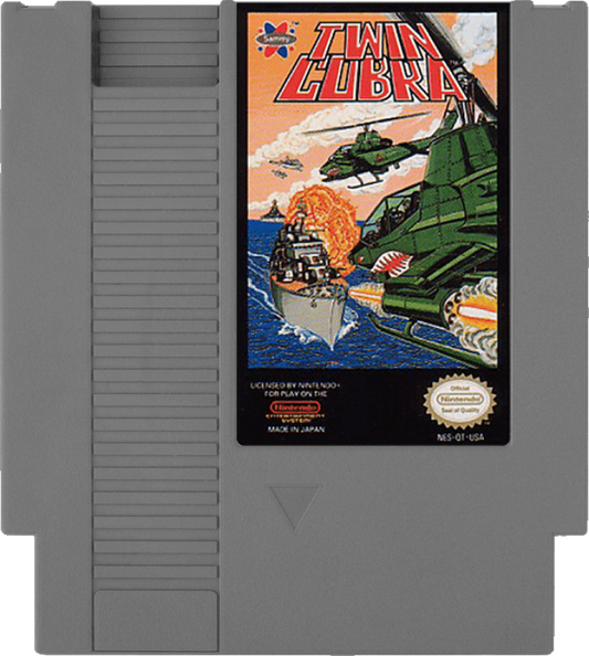 Twin Cobra cartridge for the Nintendo Entertainment System featuring 8 bit vertical scrolling shooter action with military helicopter combat intense enemy waves and arcade style gameplay cartridge
