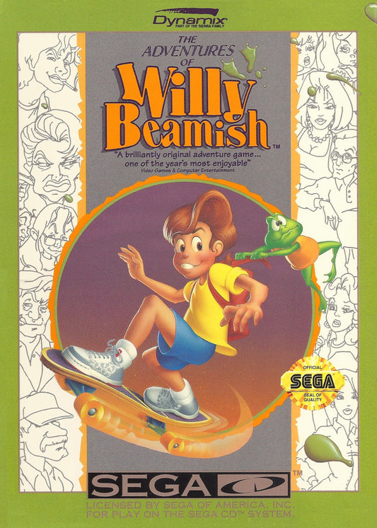 The Adventures of Willy Beamish Sega CD for retro video game enthusiasts featuring point and click adventure gameplay animated cartoon storytelling interactive puzzle solving humorous characters branching events classic graphic adventure design and collectible gaming appeal front cover 