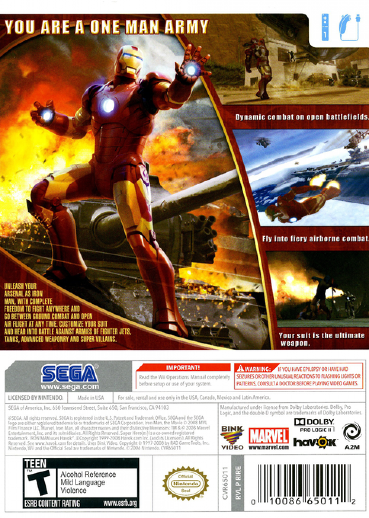 Iron Man Nintendo Wii Wii video game featuring action adventure gameplay Iron Man armored combat repulsor blasts missile attacks enemy battles flight missions superhero action and classic Nintendo Wii gameplay retro video game collection collectible gaming appeal back cover art