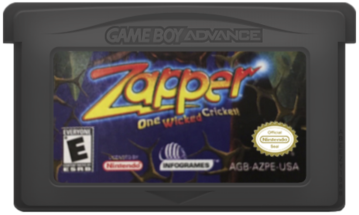 Zapper for Game Boy Advance, cartridge for an action platformer video game with arcade-style gameplay, obstacle navigation, bug-themed levels, and fast-paced challenges