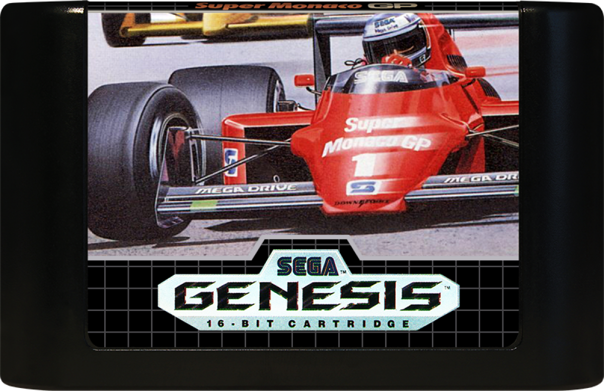 Super Monaco GP Sega Genesis video game, Formula One racing simulation, arcade-style motorsport action, retro Sega console title cartridge