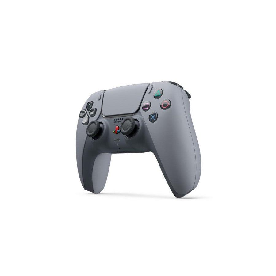 PlayStation 5 DualSense Wireless Controller 30th Anniversary Edition Pre Owned PS5 gaming accessory featuring classic PlayStation gray design retro inspired colored logo and iconic button symbols wireless Bluetooth connectivity adaptive triggers haptic feedback immersive vibration built in microphone touchpad motion sensors ergonomic grip rechargeable battery and responsive PlayStation 5 gaming controls collectible anniversary edition controller and gaming setup appeal side