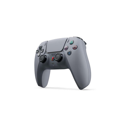 PlayStation 5 DualSense Wireless Controller 30th Anniversary Edition Pre Owned PS5 gaming accessory featuring classic PlayStation gray design retro inspired colored logo and iconic button symbols wireless Bluetooth connectivity adaptive triggers haptic feedback immersive vibration built in microphone touchpad motion sensors ergonomic grip rechargeable battery and responsive PlayStation 5 gaming controls collectible anniversary edition controller and gaming setup appeal side