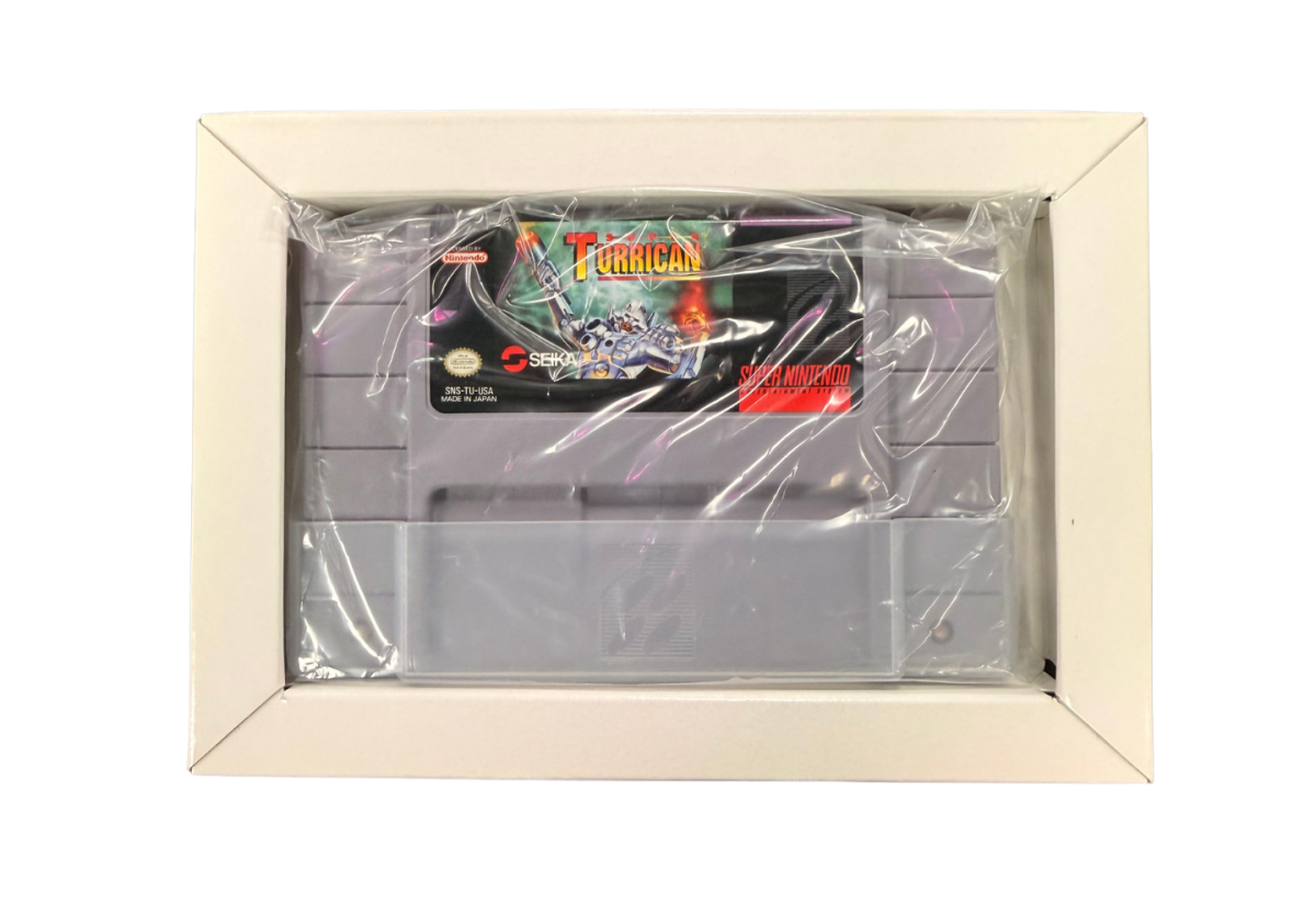 Super Turrican Super Nintendo Entertainment System SNES retro video game action platformer featuring futuristic combat powerful weapons alien enemies challenging levels explosive action classic 16 bit graphics Super Nintendo gaming experience retro game collection appeal cartridge and insert