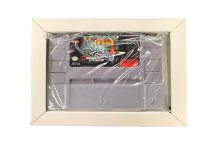 Super Turrican Super Nintendo Entertainment System SNES retro video game action platformer featuring futuristic combat powerful weapons alien enemies challenging levels explosive action classic 16 bit graphics Super Nintendo gaming experience retro game collection appeal cartridge and insert
