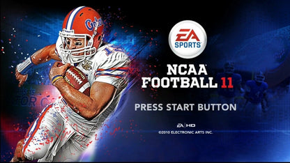 NCAA Football 11 for PlayStation 3 (PS3) at Gamers INC, featuring an authentic college football experience with a revamped ESPN-style presentation, dynamic lighting, and explosive new locomotion mechanics for smooth and realistic player movement on the field main menu title screen