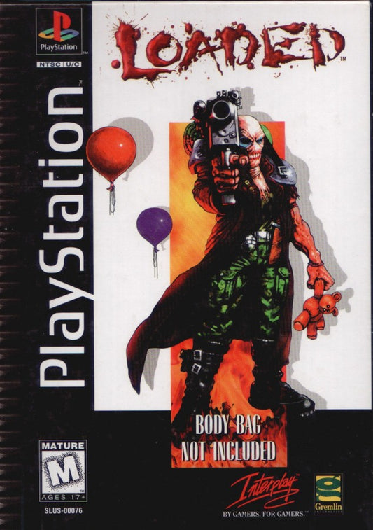 Loaded PS1 PlayStation 1 top down shooter action game dark humor arcade combat multiplayer retro video game cover art long box edition