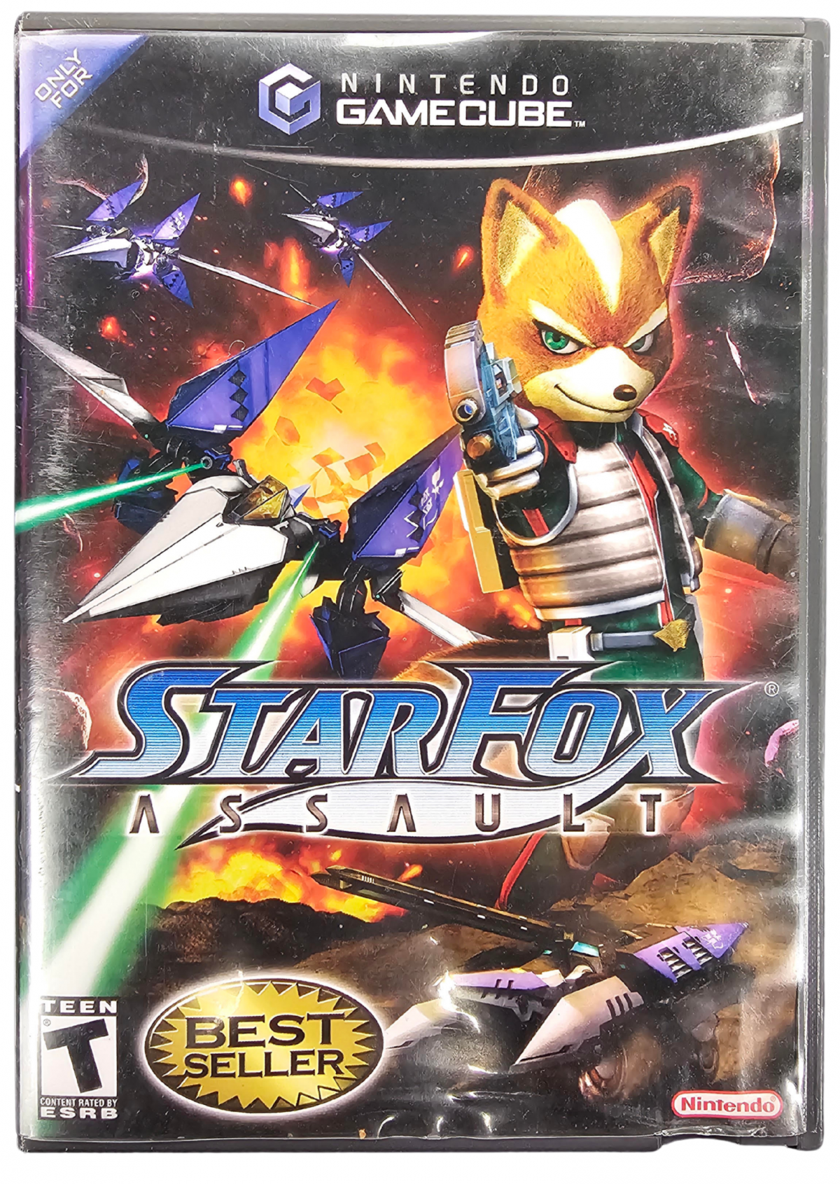 Star Fox Assault Nintendo GameCube GC video game Complete In Box CIB featuring action shooter gameplay Fox McCloud and Star Fox team space combat Arwing piloting land battles vehicle combat enemy forces multiplayer modes and classic Nintendo GameCube gameplay retro video game collection collectible gaming appeal front cover art
