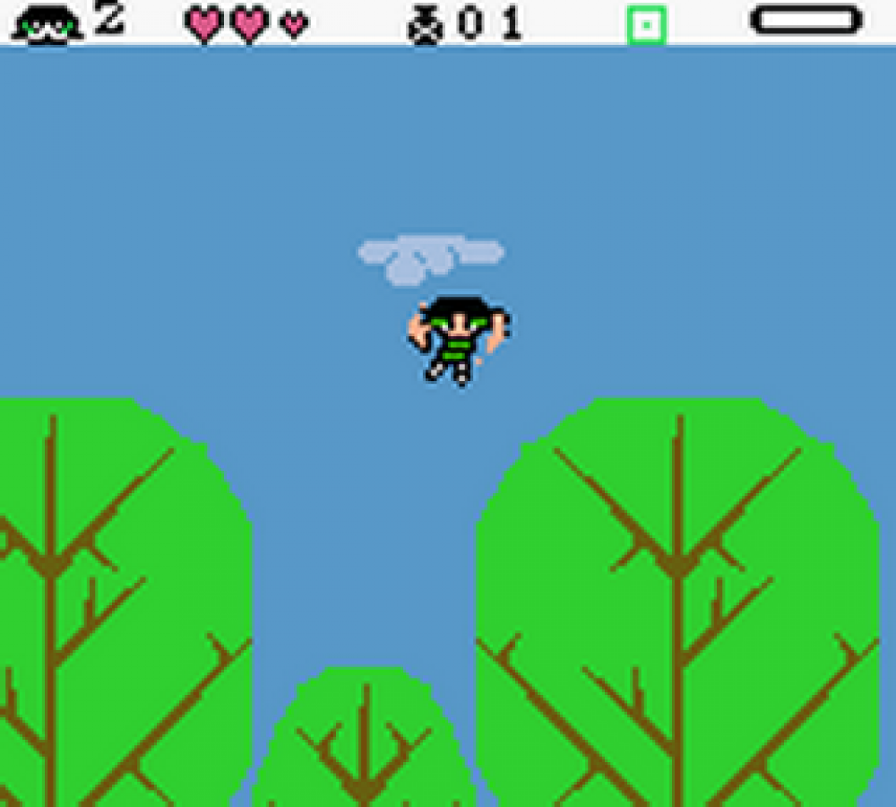 The Powerpuff Girls Paint the Townsville Green for Game Boy Color, gameplay for a platformer video game with side-scrolling gameplay, character-based levels, cartoon-style action, and enemy combat challenges
