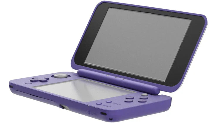 New Nintendo 2DS XL Purple inspired design featuring handheld gaming console aesthetic sleek clamshell design dual screen portable system vibrant purple finish Nintendo gaming hardware modern retro collection presentation