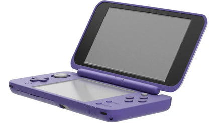New Nintendo 2DS XL Purple inspired design featuring handheld gaming console aesthetic sleek clamshell design dual screen portable system vibrant purple finish Nintendo gaming hardware modern retro collection presentation