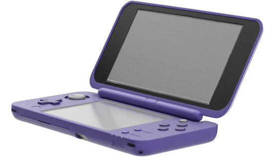 New Nintendo 2DS XL Purple inspired design featuring handheld gaming console aesthetic sleek clamshell design dual screen portable system vibrant purple finish Nintendo gaming hardware modern retro collection presentation