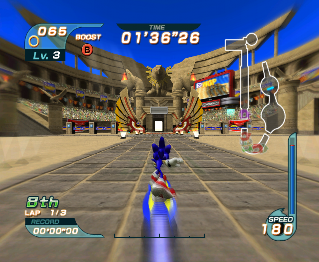 Sonic Riders gameplay for GameCube (GC) game featuring high-speed hoverboard racing and arcade-style competition