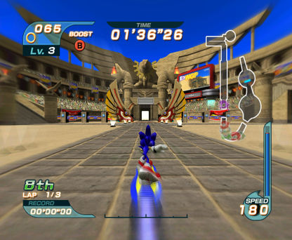 Sonic Riders gameplay for GameCube (GC) game featuring high-speed hoverboard racing and arcade-style competition