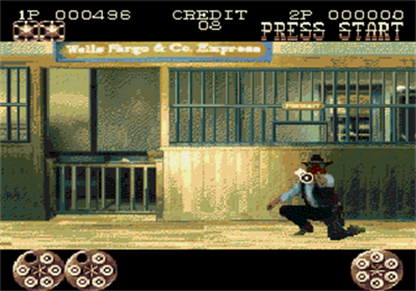 Lethal Enforcers II Gun Fighters Sega CD Sega CD light gun shooter western themed arcade shooting cowboy outlaws train robberies GunCon style aiming Konami FMV style presentation cooperative arcade gameplay retro gaming Sega CD software video game title gameplay