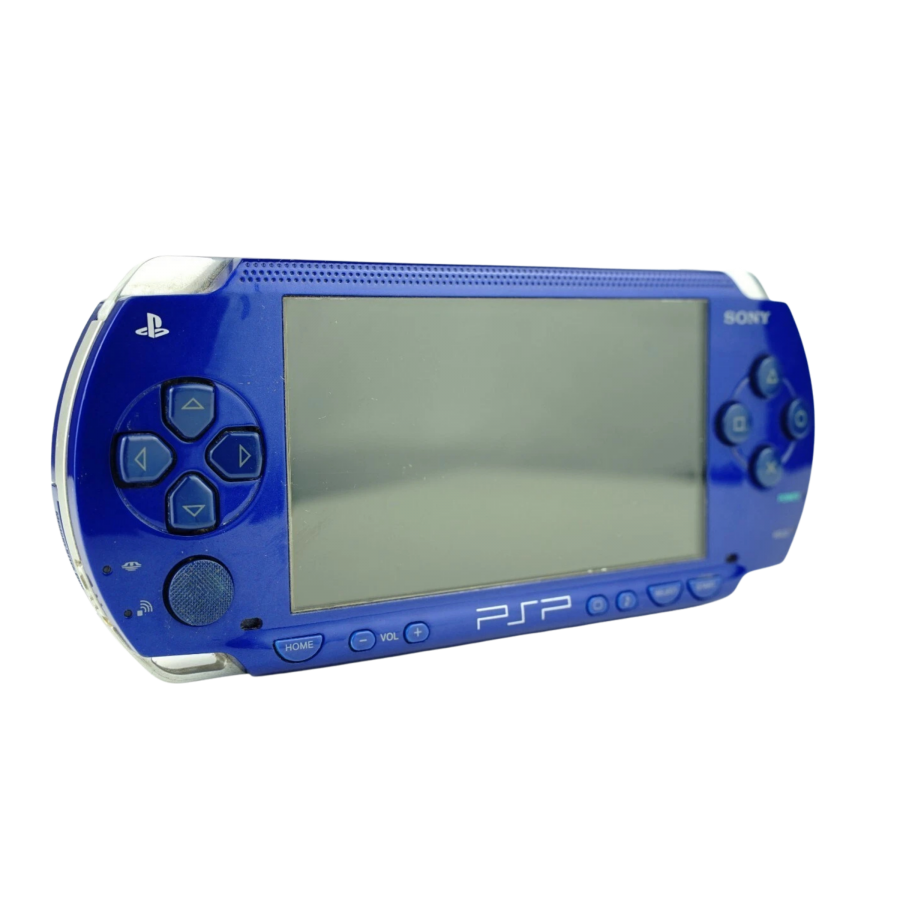 PlayStation Portable 1000 Console (PSP) [Blue][JP Import] in scratch and scuff condition featuring Sony’s original PSP-1000 handheld with a bright widescreen display and portable UMD gaming; this Japanese import system shows noticeable cosmetic wear but is fully functional and ready for gaming on the go left side