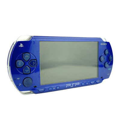 PlayStation Portable 1000 Console (PSP) [Blue][JP Import] in scratch and scuff condition featuring Sony’s original PSP-1000 handheld with a bright widescreen display and portable UMD gaming; this Japanese import system shows noticeable cosmetic wear but is fully functional and ready for gaming on the go left side