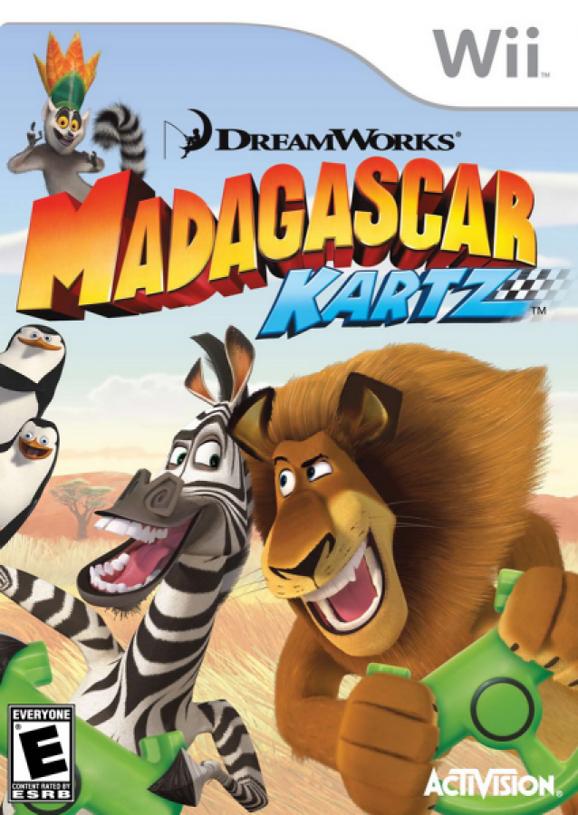 Madagascar Kartz for Nintendo Wii cover art featuring Alex the Lion racing in a colorful kart with DreamWorks characters in the background, showcasing the family‑friendly arcade racing game.