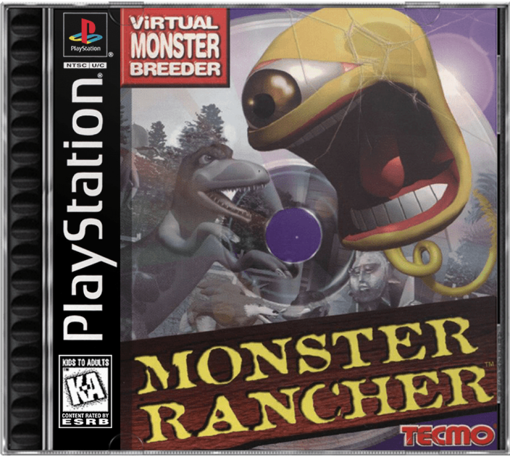 Monster Rancher PlayStation 1 life simulation video game Tecmo raise train battle unique monsters generate creatures from any compact disc ranch management fantasy tournaments E-Everyone animated violence cover art