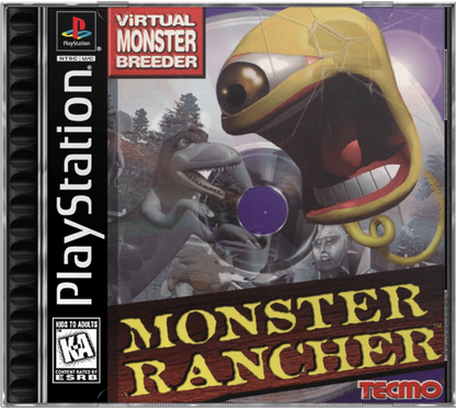 Monster Rancher PlayStation 1 life simulation video game Tecmo raise train battle unique monsters generate creatures from any compact disc ranch management fantasy tournaments E-Everyone animated violence cover art