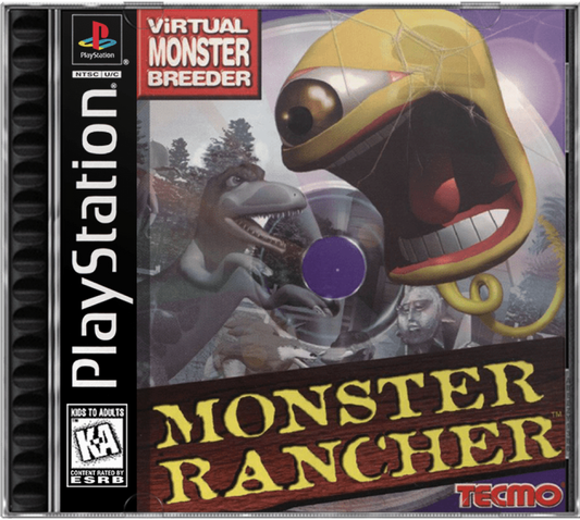 Monster Rancher PlayStation 1 life simulation video game Tecmo raise train battle unique monsters generate creatures from any compact disc ranch management fantasy tournaments E-Everyone animated violence cover art