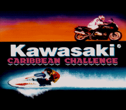 Kawasaki Caribbean Challenge Super Nintendo Entertainment System SNES racing video game featuring off-road motorcycle racing tropical Caribbean environments challenging courses high-speed driving jumps sharp turns and classic Super Nintendo Entertainment System SNES gameplay collectible retro gaming appeal title screen